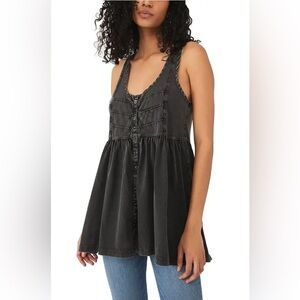 Free People Brooke Babydoll Tunic Top Charcoal Medium NWOT Boho Sleeveless